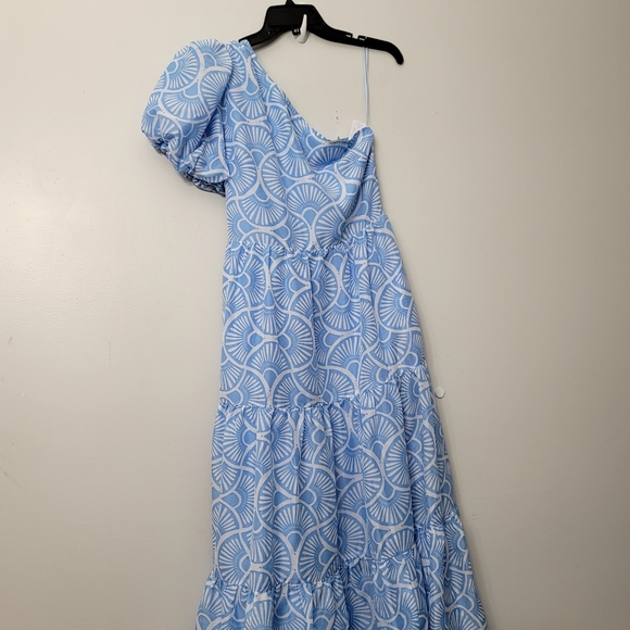 J.Marie Leilani One Shoulder Short Puffed Sleeve Tiered Midi Dress - Picture 6 of 6